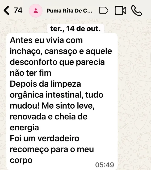 Depoimento real de cliente: fim do inchaço e mais energia após a limpeza orgânica intestinal